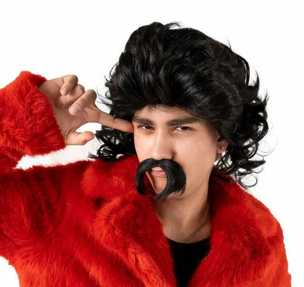 Long Black Hair Wig with Mustache – Costume Set 🖤🧔‍♂️